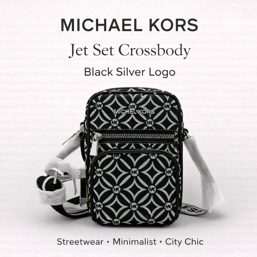 NWT Michael Kors Jet Set Crossbody Black Metallic Silver Logo Jacquard - Picture 10 of 10